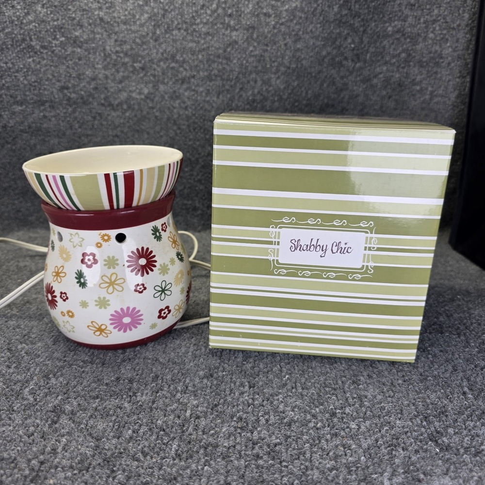 Scentsy Warmer, Color - White With Burgundy Trim Flowers Stripes Shabby Chic